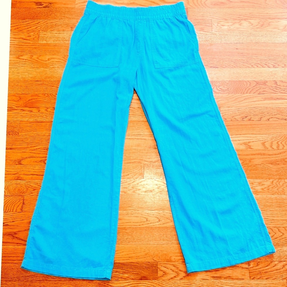 St Johns Bay Turquoise Linen Blend Wide Leg Elastic Waist Pants Large